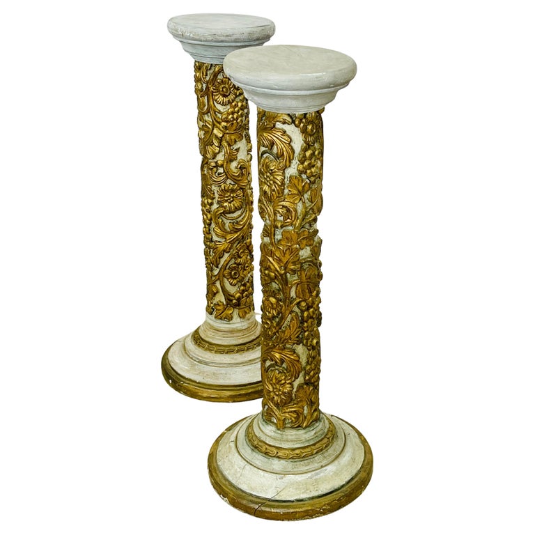 Pair of Giltwood and Paint Decorated Italian Columns, Pedestals, Gustavian Style