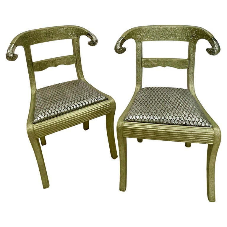 Pair of Neoclassical Side Chairs, Wrapped Metal, Rams Heads, Europe Gustavian