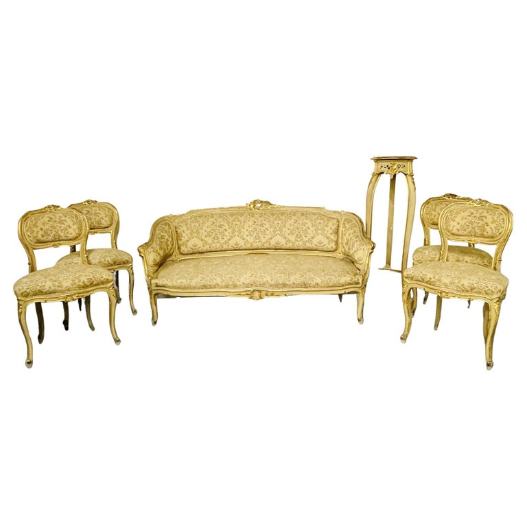 Louis XV Painted Living room Suite. Settee, 4 Side chairs, Center Table, Pedestal