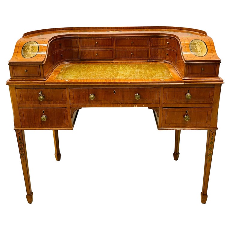 Adams Edwardian Inlaid Carlton House Desk, Hand Painted, Satinwood, A. Kaufman