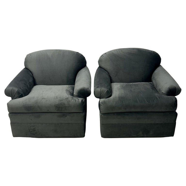 Pair of American Mid-Century Modern Grey Swivel / Lounge Chairs, Scroll Arm