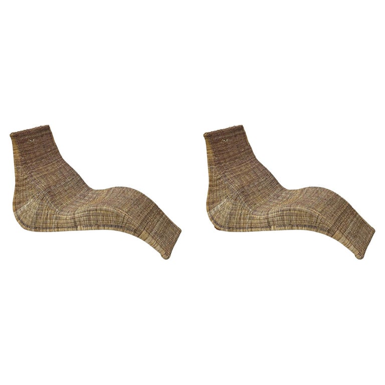 Pair Bohemian Mid-Century Modern Karlskrona Rattan Wicker Chaise Lounge Chairs