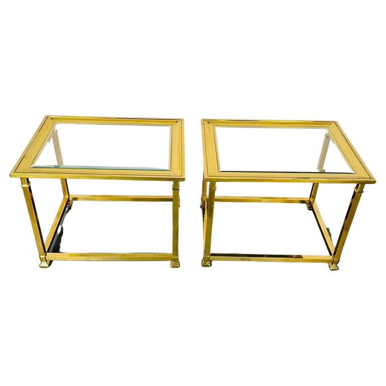 Pair Hollywood Regency Mastercraft Brass, Glass End / Side Tables, Mid-Century