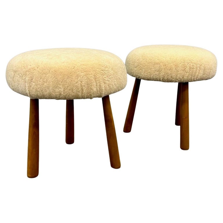 Pair Contemporary Swedish Modern Style Sheepskin Footstools / Ottomans, Beige
