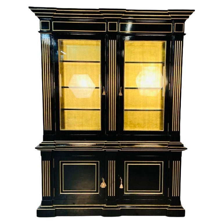 Hollywood Regency Maison Jansen Style Bookcase / Cabinet, Ebony, Gold Leaf