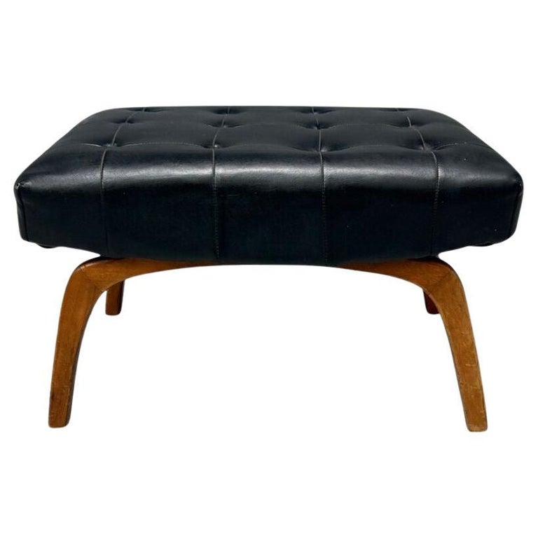 Danish Modern, Black Leatherette, Stained Wood, Footstool, Denmark, 1950s