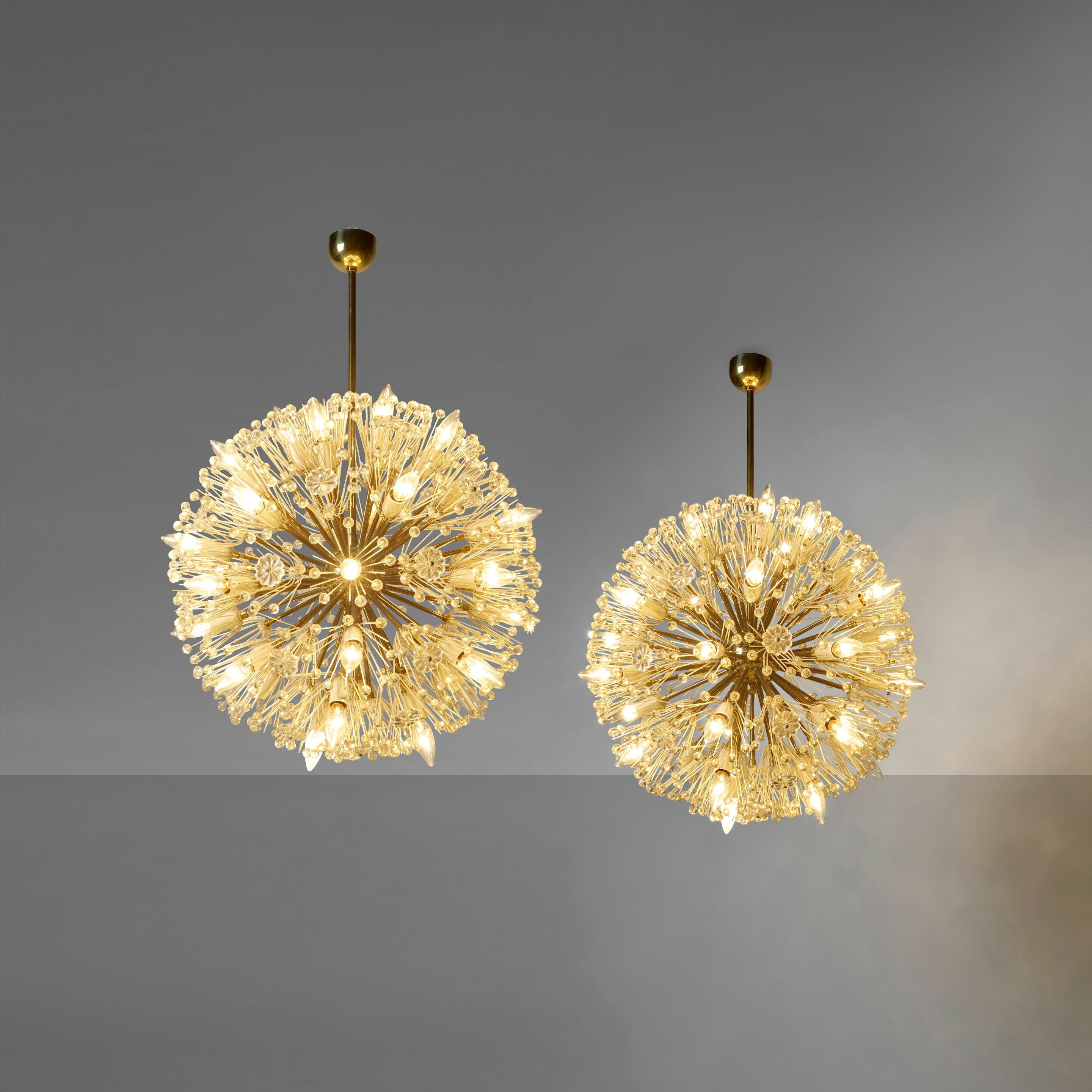 Emil Stejnar, Large Snowflake Chandeliers, Brass, Glass, Austria, 1965