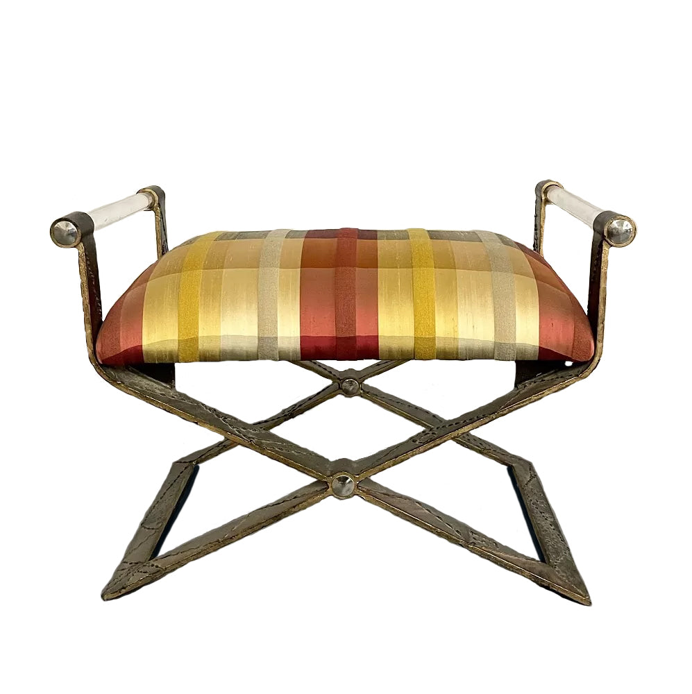 Mid Century Modern Paul Evan Style X Bench, Lucite Armrest, Chrome Accents