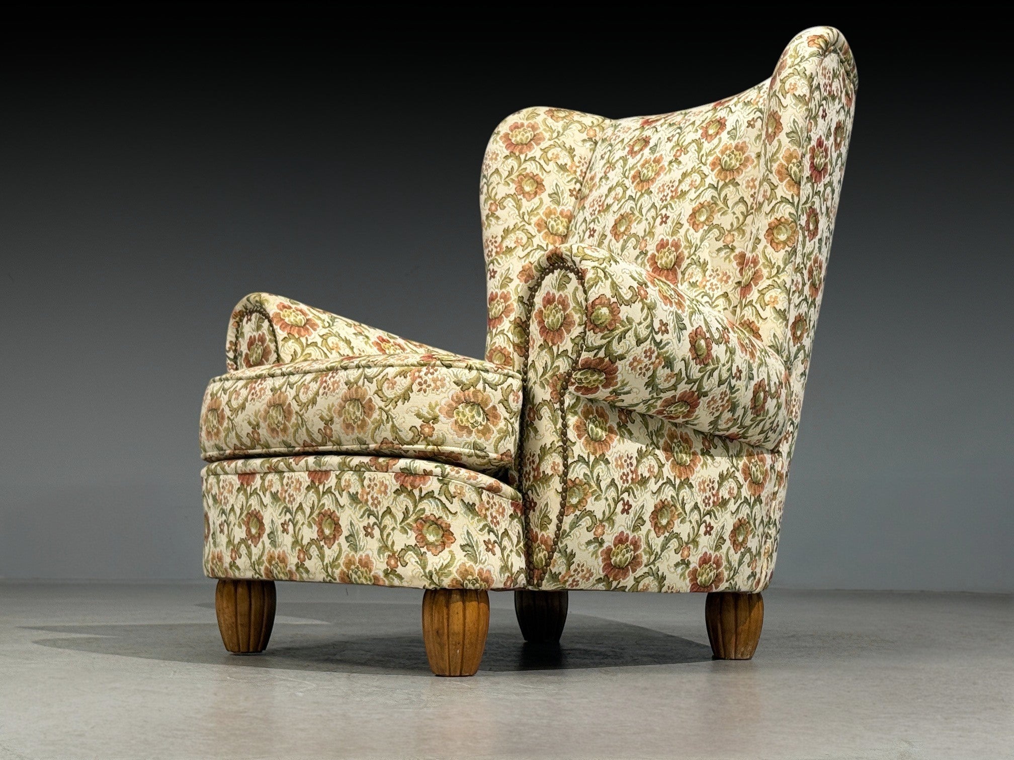 Danish Cabinetmaker, Large Wingback Chair, Floral Fabric, Wood, Denmark, 1950s
