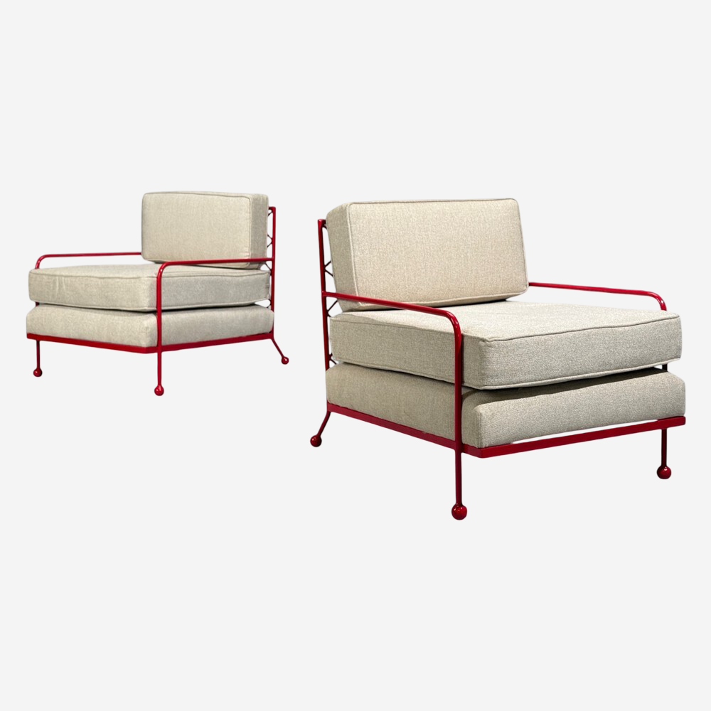 French Mid-Century Modern Style, Red Painted Metal, Linen, Lounge Chairs