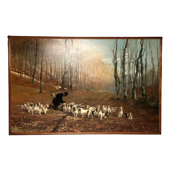 Monumental Oil Canvas, Georges Henri Fauvel, Hunting Dogs with Master, 19th Cent