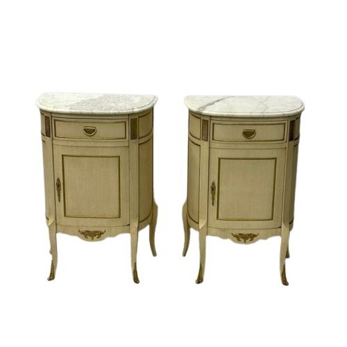 Pair of White Nightstand or End Tables / Side Tables, Marble Top Louis XV Style, Demi Lune