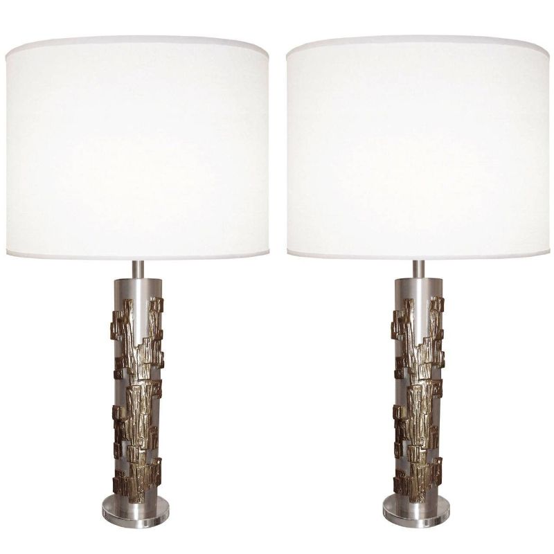 A Pair of Modernist Table Lamps, Brushed Nickel and Sculptural Metal, 1970s