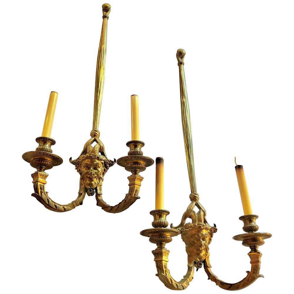 Pair of Dore Bronze Sconces having Horned Bacchus Masks in Louis XVI Style