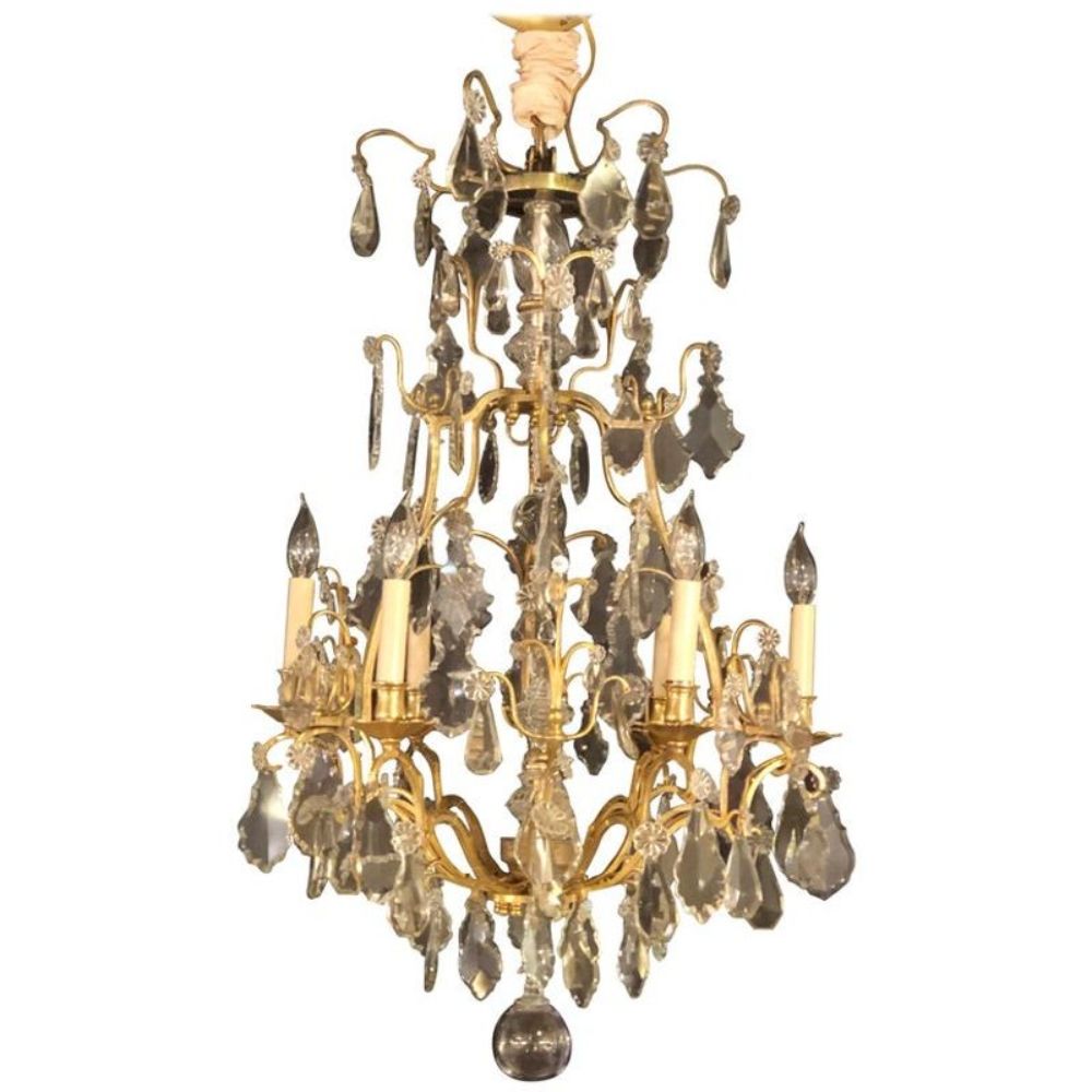 French Six-Light Cut Crystal and Brass Chandelier Newly Wired