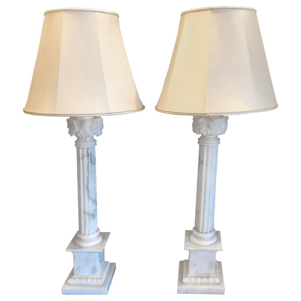 Pair of White and Grey Veined Column Marble Table Lamps with Custom Shades