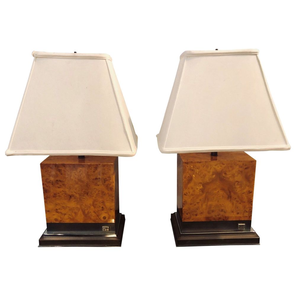 Pair of Jean Claude Mahey Burl Wood & Chrome Base Table Lamps with Custom Shades