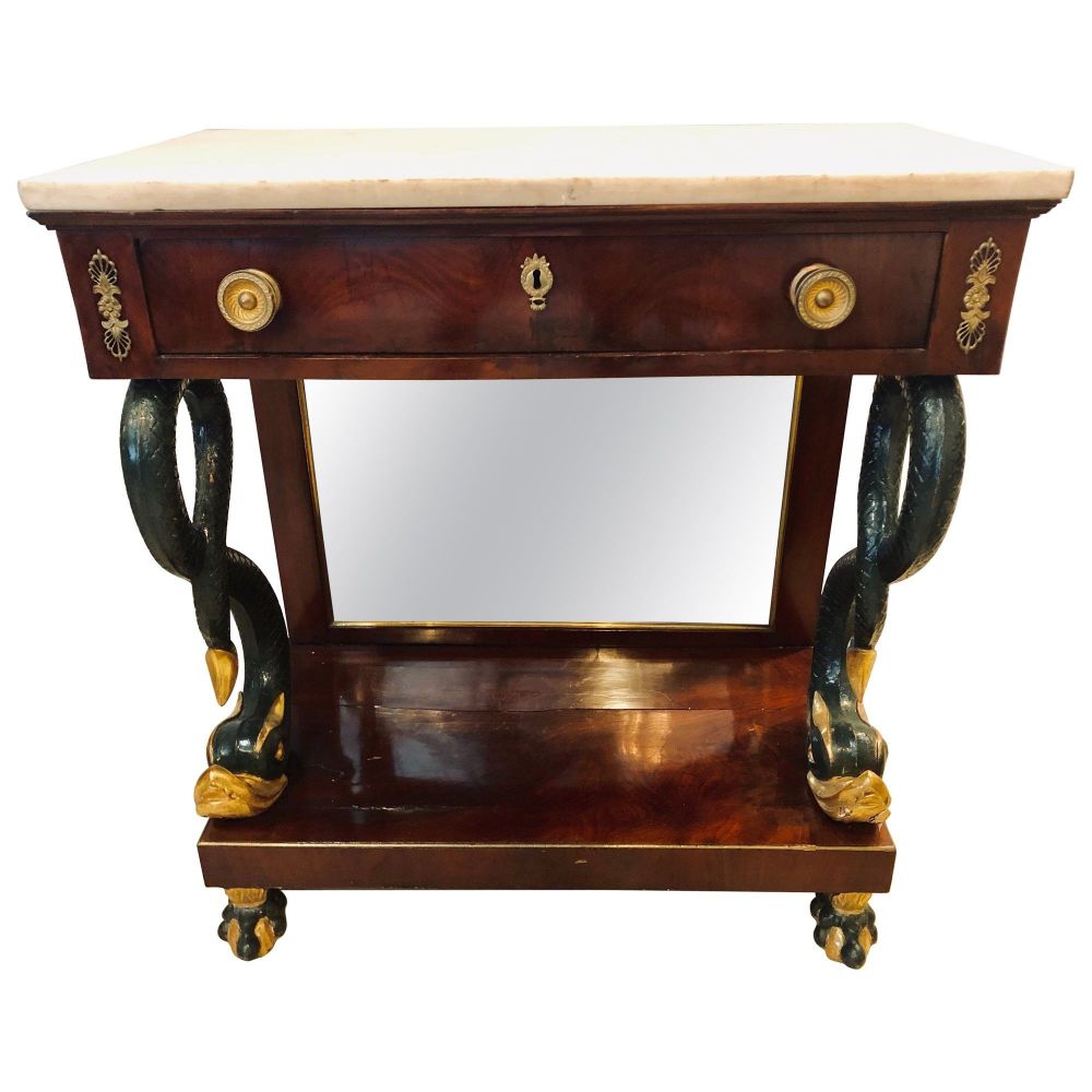 19th Century Empire Serpent Paint & Gilt Decorated Mirrored Back Pier or Cons