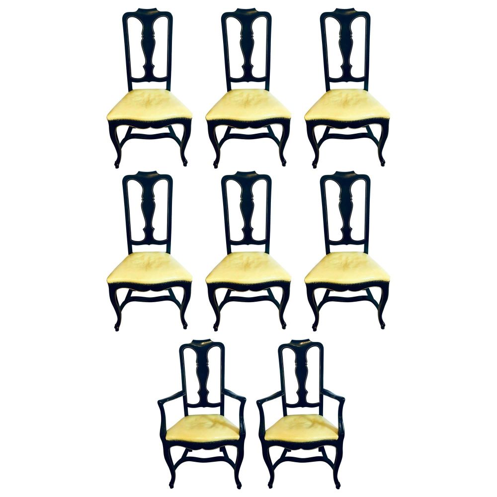 Set of Eight Queen Anne Style Ebonized and Gilt Decorated Dining Chairs