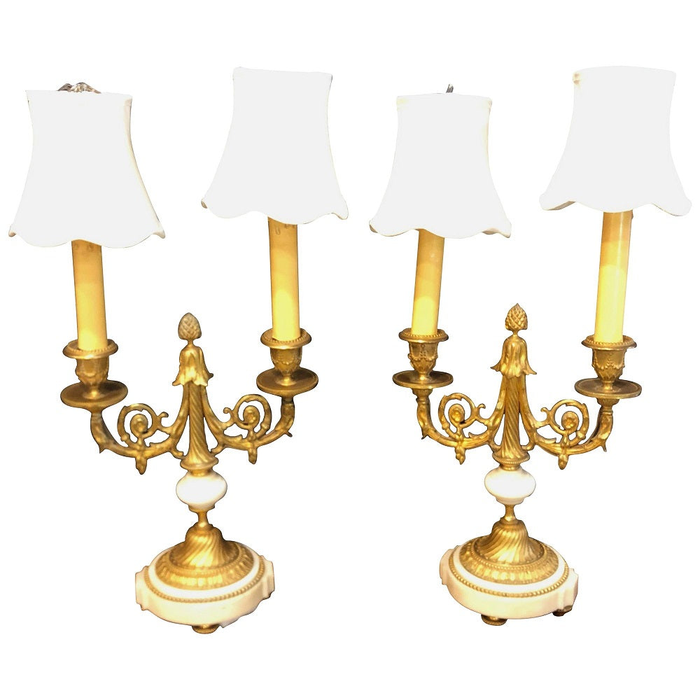 Pair of French Louis XVI Style Dore Bronze and Marble Candelabra or Table Lamps