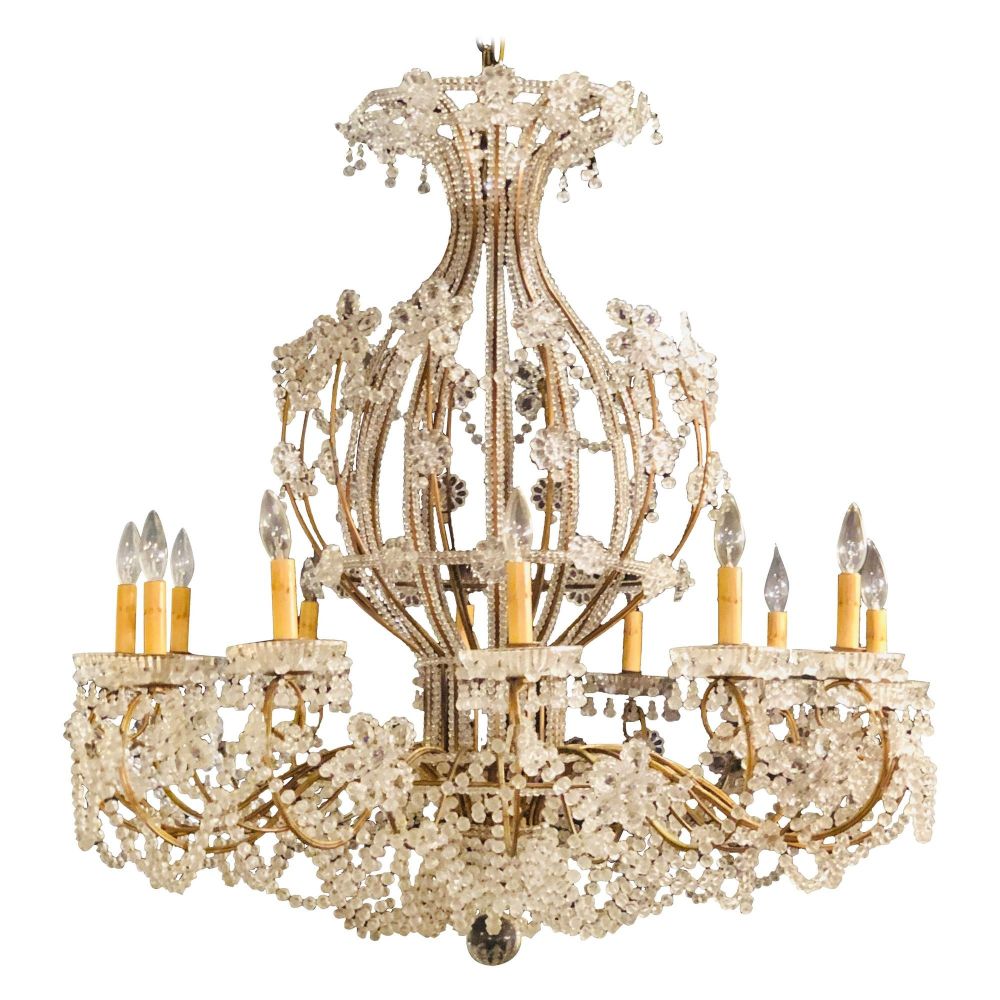 Beautiful Gilt Iron 12-Light Chandelier with Great Crystal and Bead Decoration