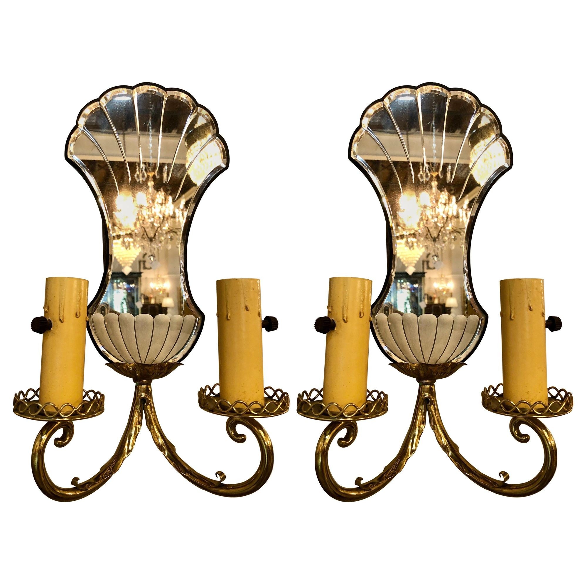 Pair of Jansen Wall Sconces, Hollywood Regency Era with Mirror Backs