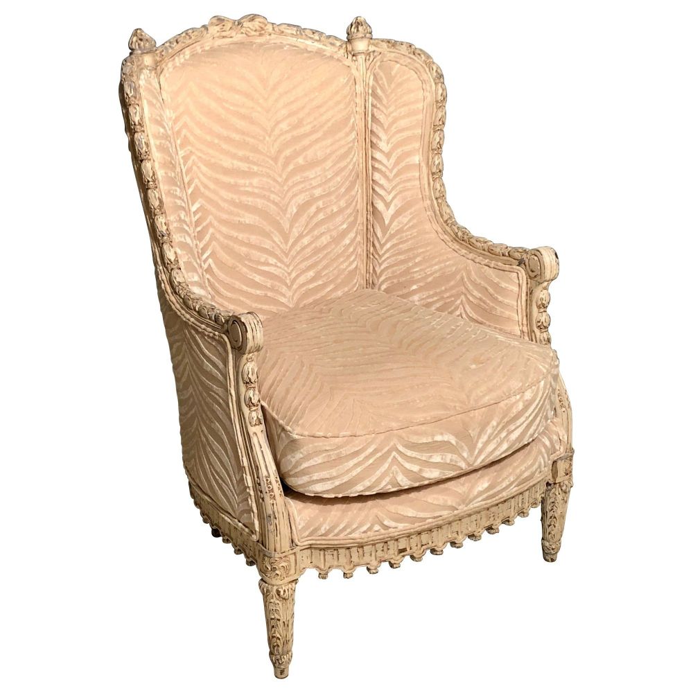 French Louis XVI Style Bergère Armchair with Silk Velvet Upholstery