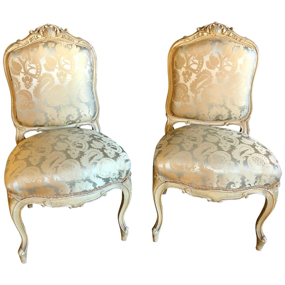 Pair of Maison Jansen Slipper Chairs in Scalamandre Upholstery in Fine Frames