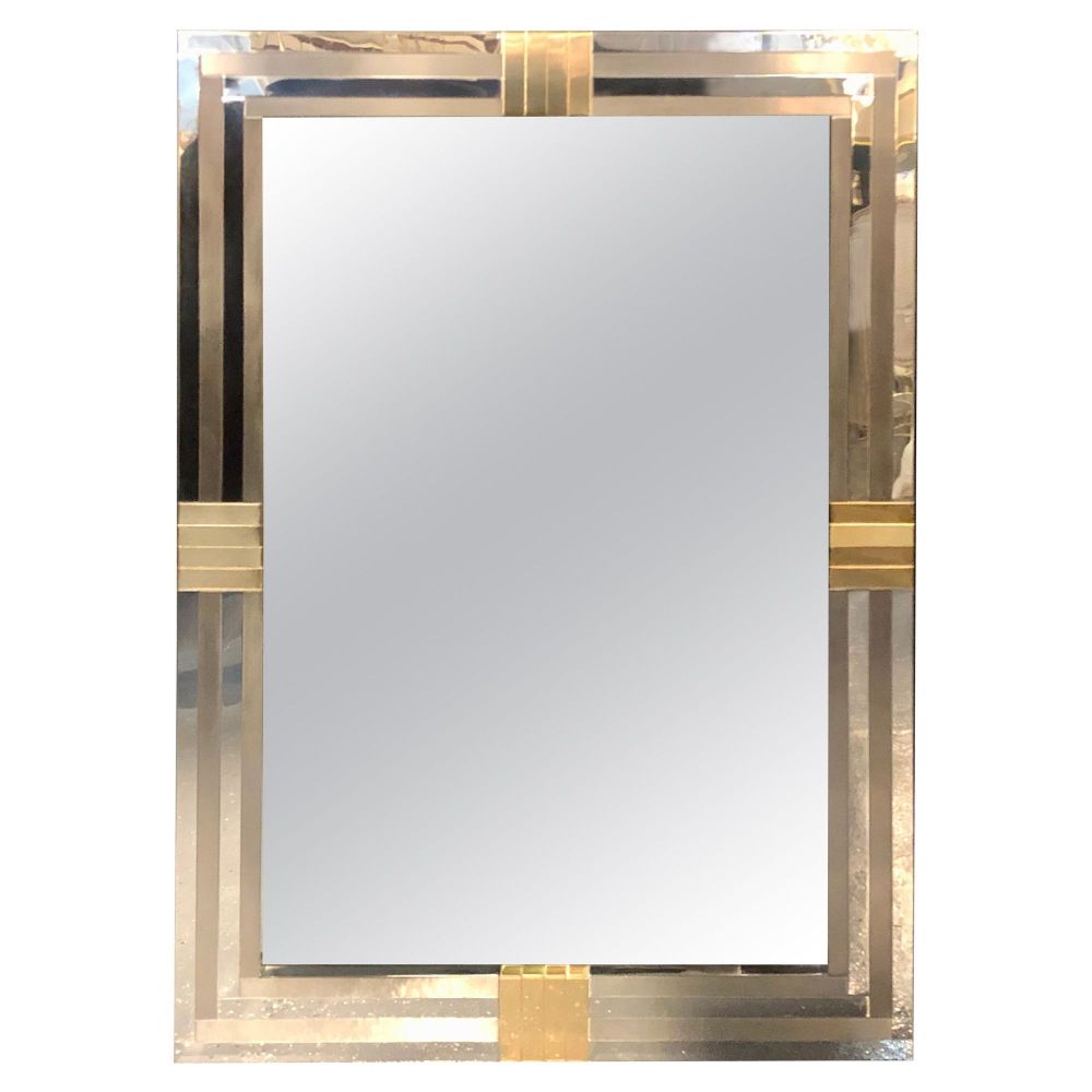 Steel and Brass Hollywood Regency Wall or Console Mirror Manner of Maison Jansen