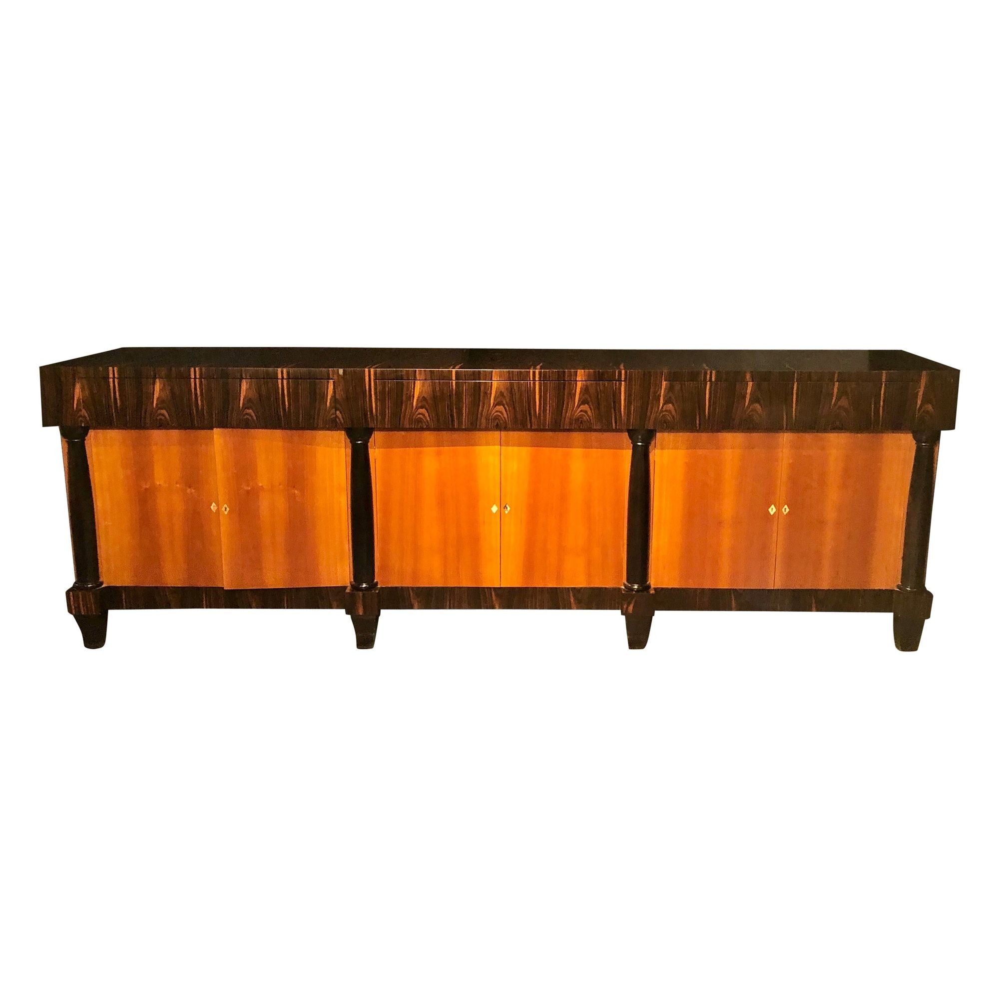 Palatial Six Door Macassar Sideboard Cabinet Ebonized Column and Feet Support