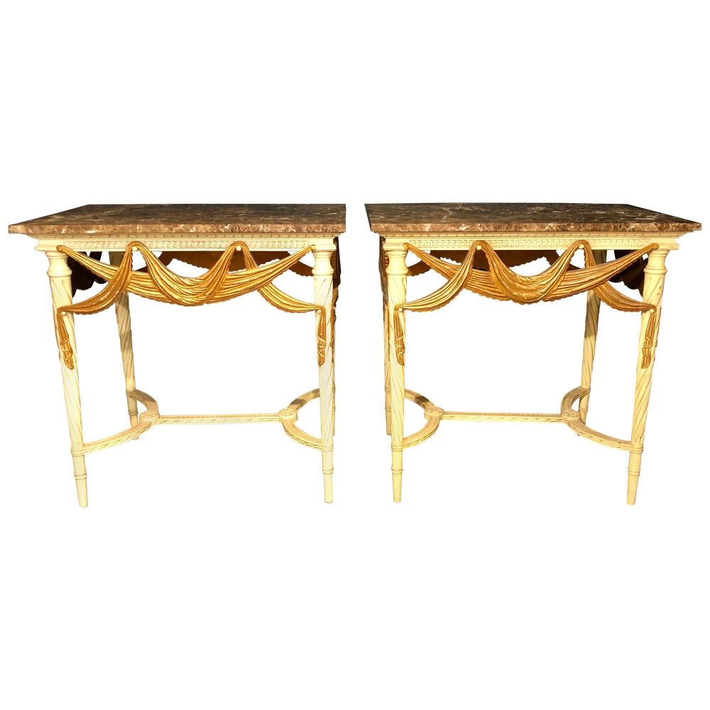 Pair of Dorothy Draper Console Sofa or End Tables, Parcel Gilt & Paint Decorated