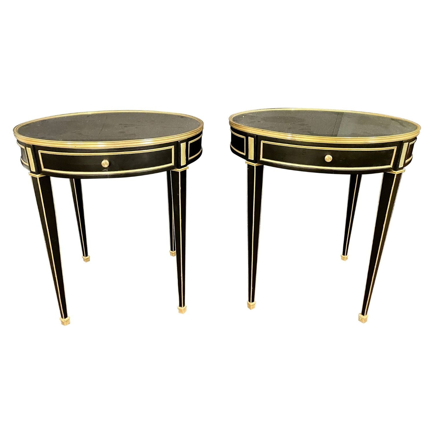 Hollywood Regency Ebony Bouillotte or End Tables, Manner Jansen Mirror Tops Pair