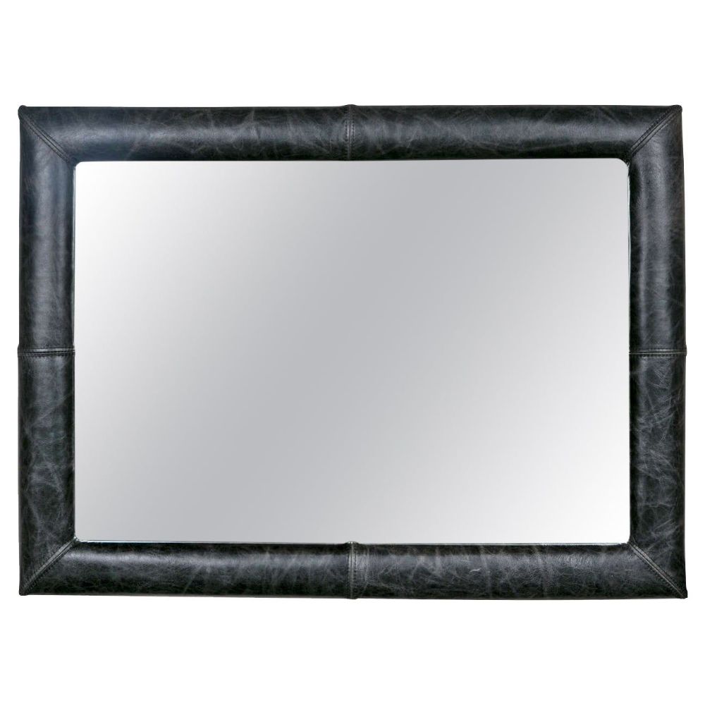 Mid-Century Wall Mirror Decorated Distressed Leather Upholstered Frame