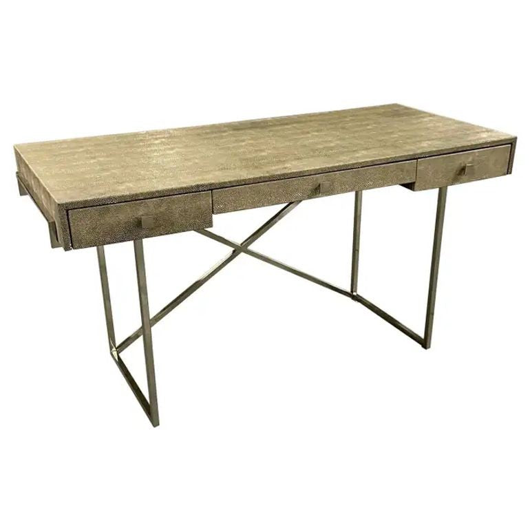 Modern Karl Springer Style Three-Drawer Faux Shagreen Desk/Writing Table, Chrome