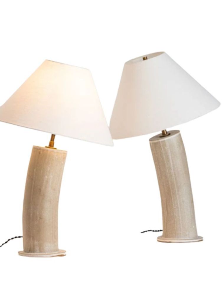 Pair Contemporary Stoneware Beige Glazed Ceramic Table / Desk Lamps, Parchment