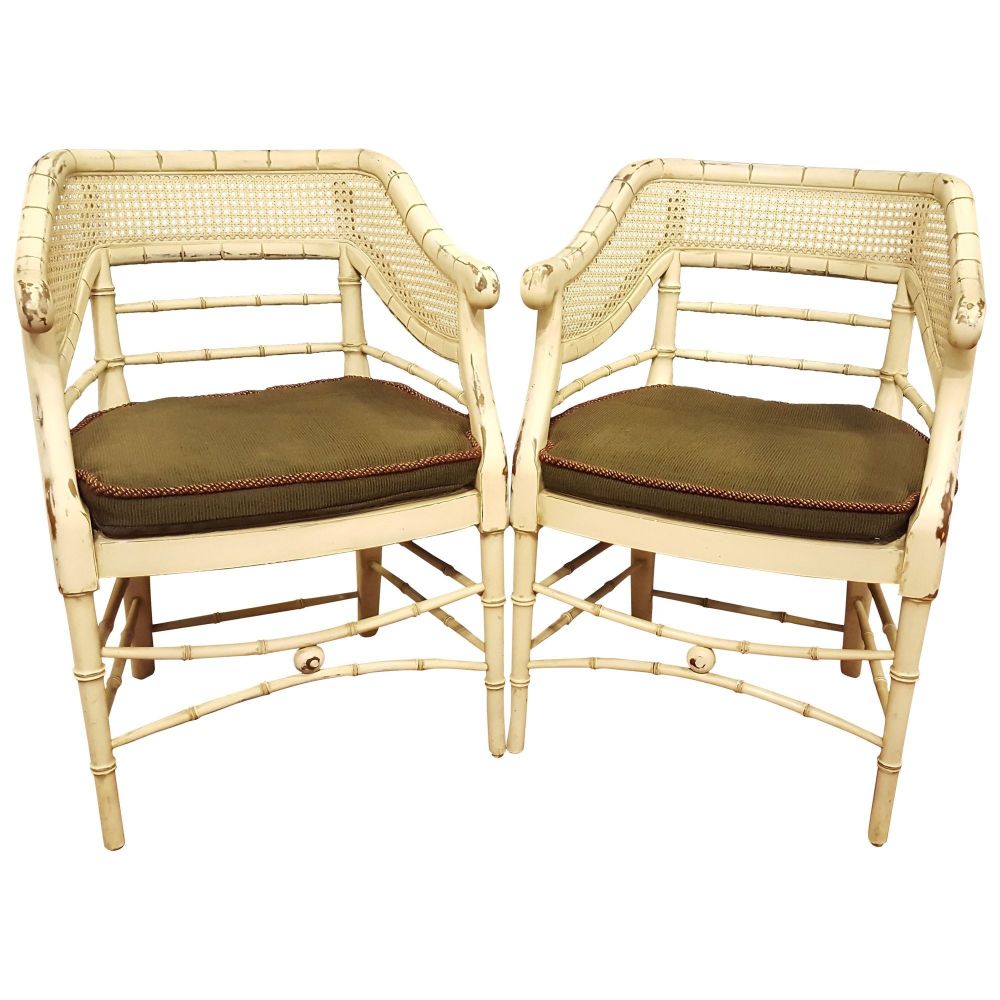 Pair of Mid Century Curved Back Bamboo Arm Chairs Removable Cushion
