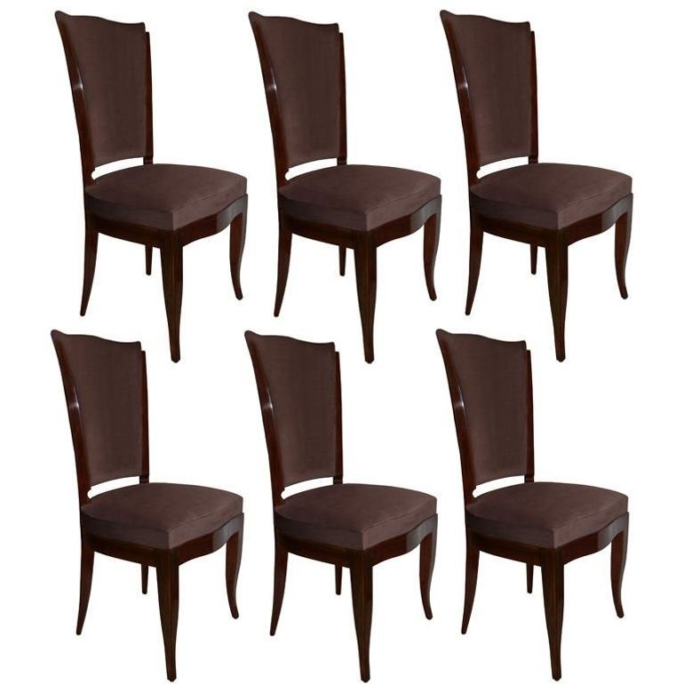 Six French Art Deco Walnut Dining / Side Chairs, Brown Velvet, Ruhlman Style