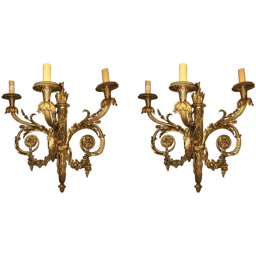 Pair of Monumental Three-Light Sconces Solid Bronze Louis XVI Style