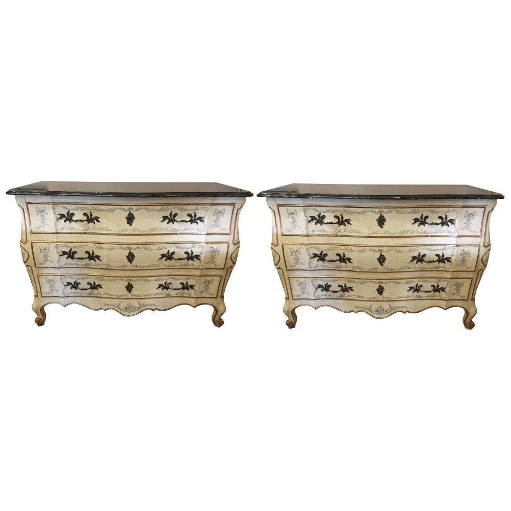 Pair of Painted Bombe Marble-Top Chests or Commodes by John Widdicomb