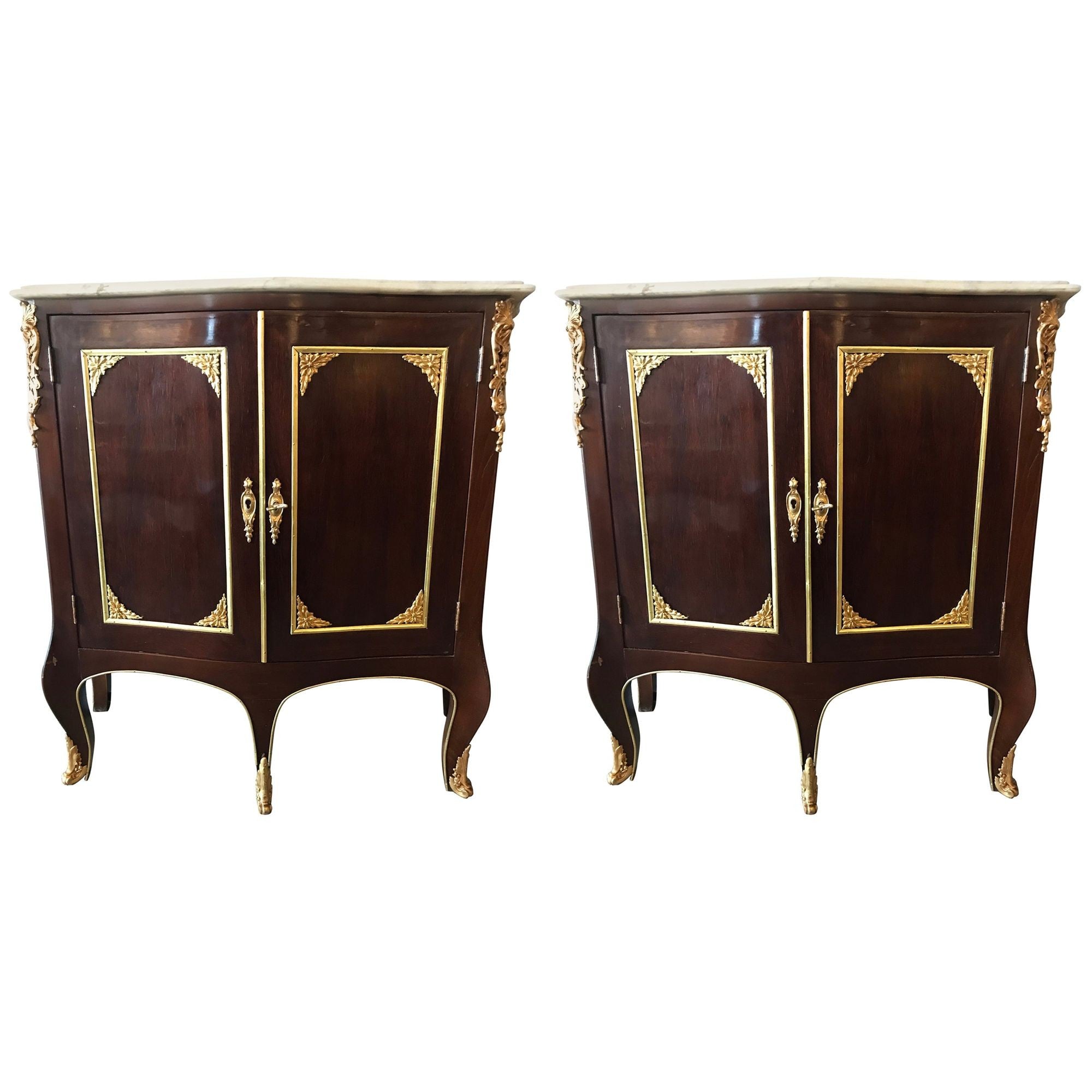 Pair of Jansen Style Double Door Marble-Top Bedside Cabinets or End Tables