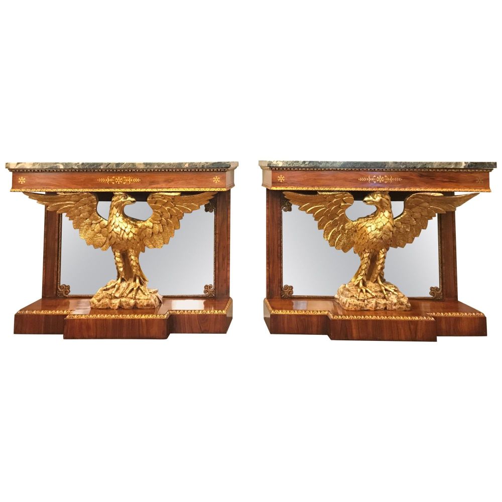 Pair 19th Century Federal Eagle Carved Console Tables, Marble Tops, Solid Wood