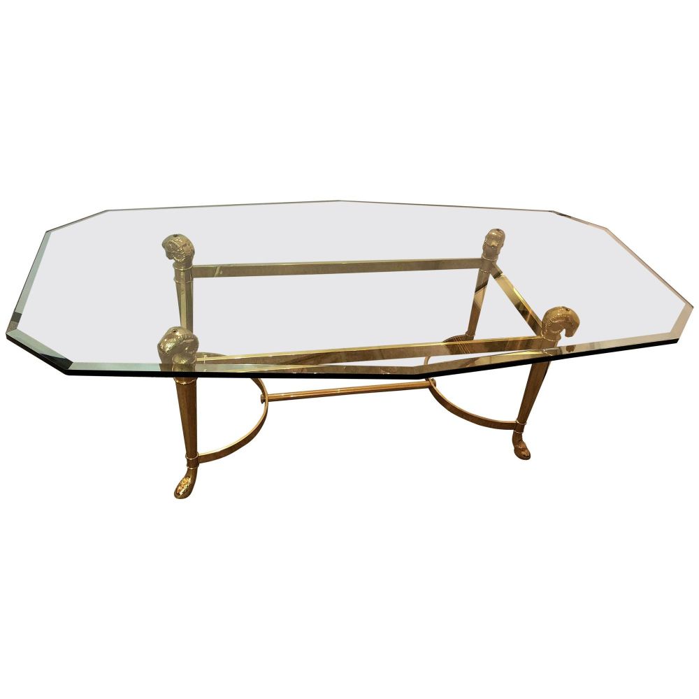 Manner of Jansen Octagon Glass Coffee Table Heavy Brass Ram Head