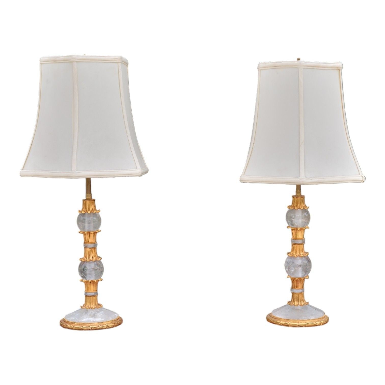 Hollywood Regency Style, Gilt Metal, Rock Crystal, Table Lamps, France, 1940s