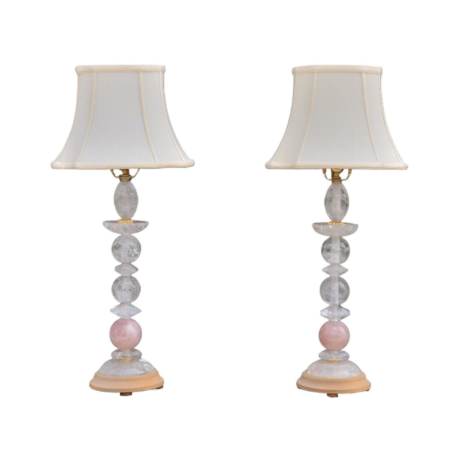 Art Deco Style, Pink Rock Crystal, Brass, Table Lamps, France, 1960s