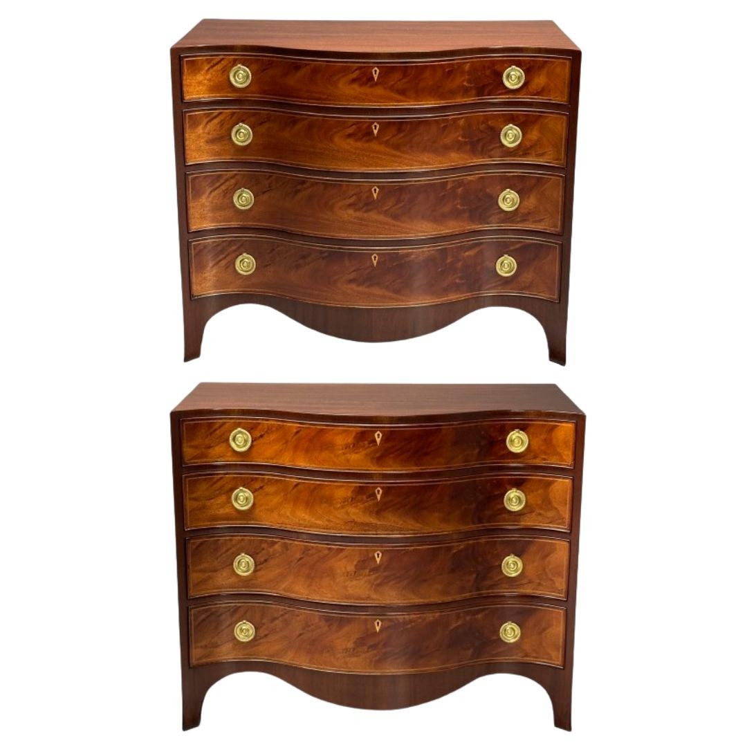 Beacon Hill, Georgian, Serpentine Commodes, Flame Mahogany, Brass, 1960s