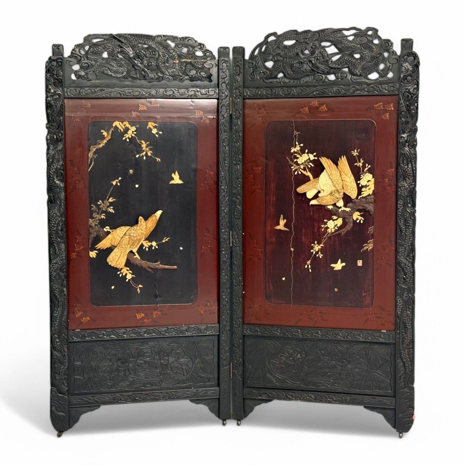 Shibayama Art, Meiji Era, Ebonized Wood, Lacquer, Two Panel Screen, Japan, 1890s