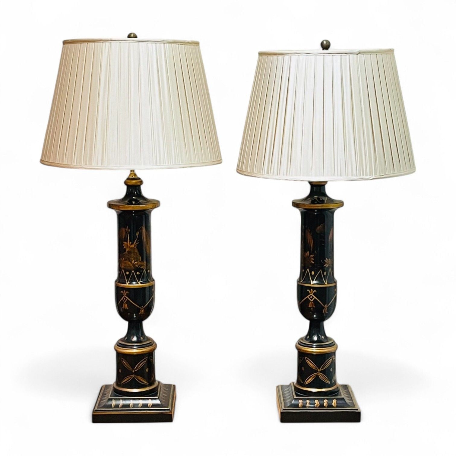 Chinoiserie Ebonized Wood, Gilt, Table Lamps