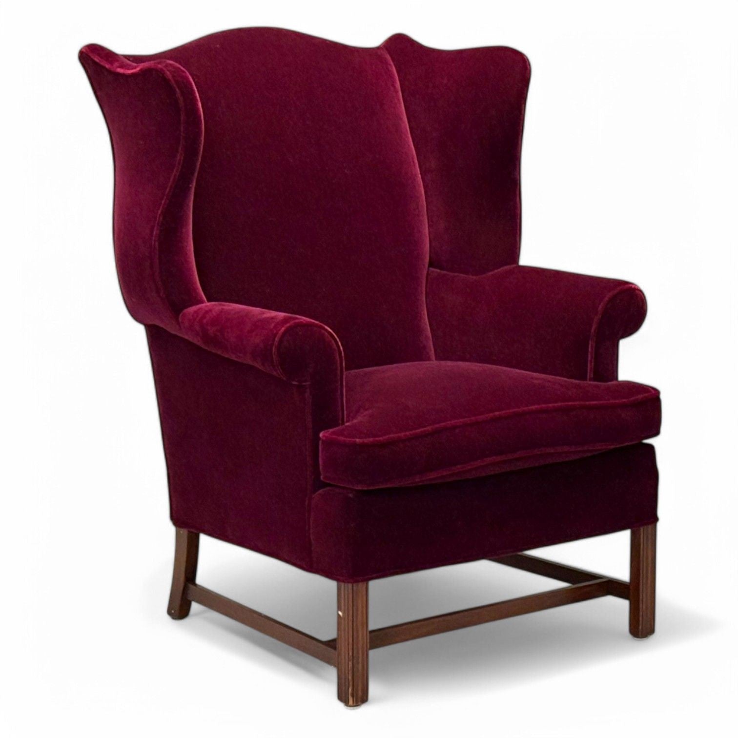 Georgian, Aubergine Mohair, Stained Wood, Wingback Chair, England, 1970s