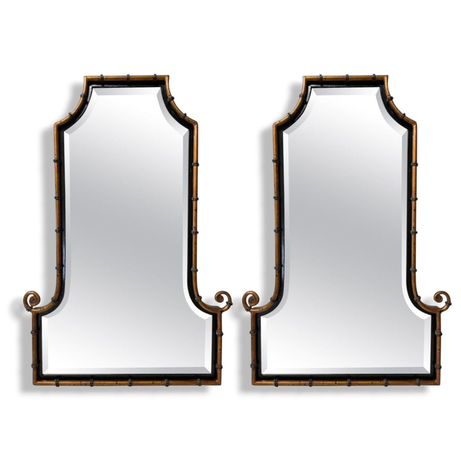 Hollywood Regency, Faux Bamboo Gilt Metal, Pagoda Form Wall Mirrors, USA, 1960s