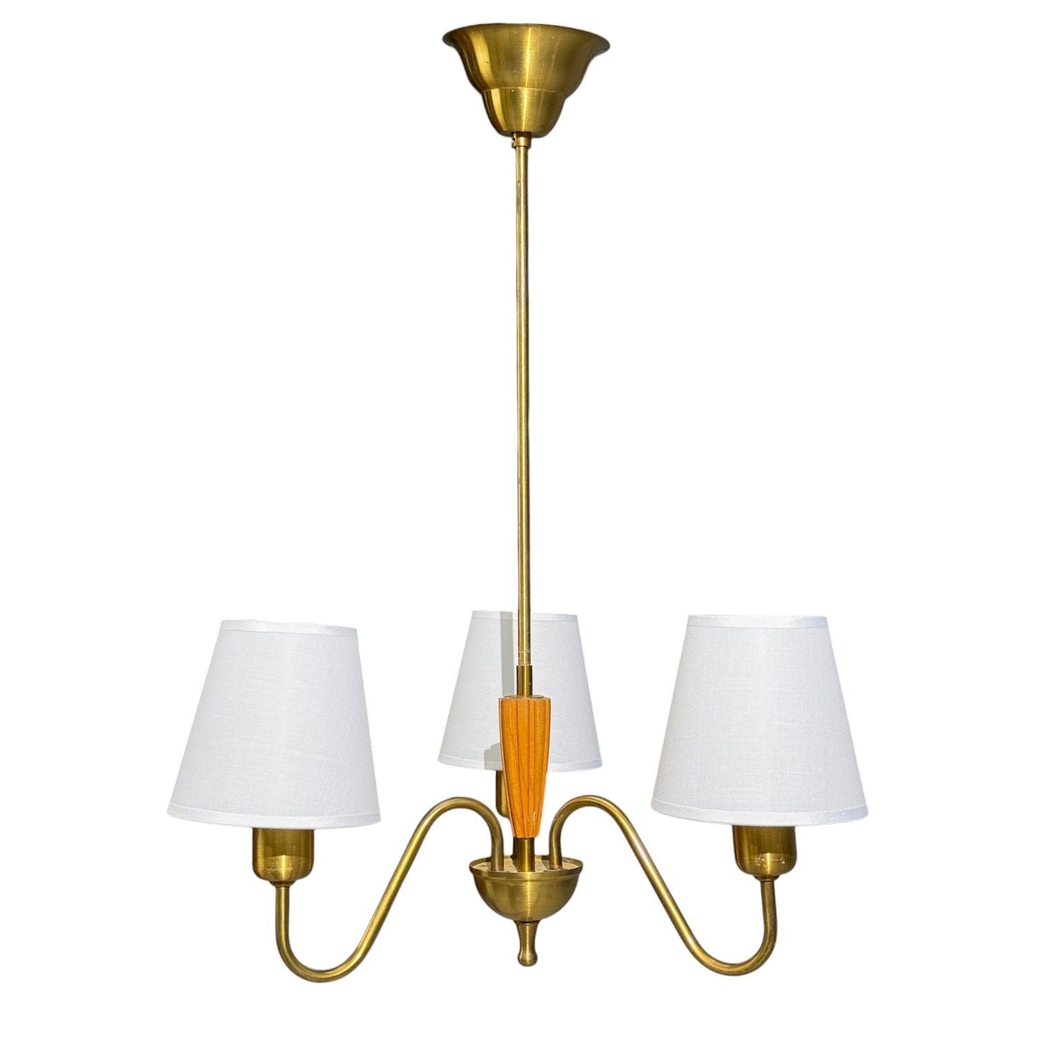 Swedish Modern, Pendant Light, Brass, Wood, Sweden, 1940s